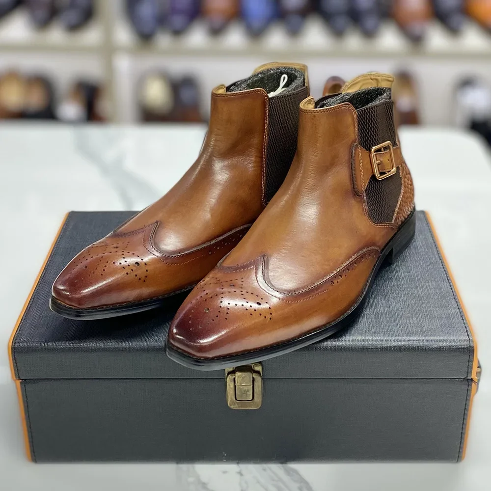 남성용 진짜 암소 가죽 앵클 부츠, 슬립 온 버클 스트 - Men Formal Wear With Boots 리뷰 및 가격