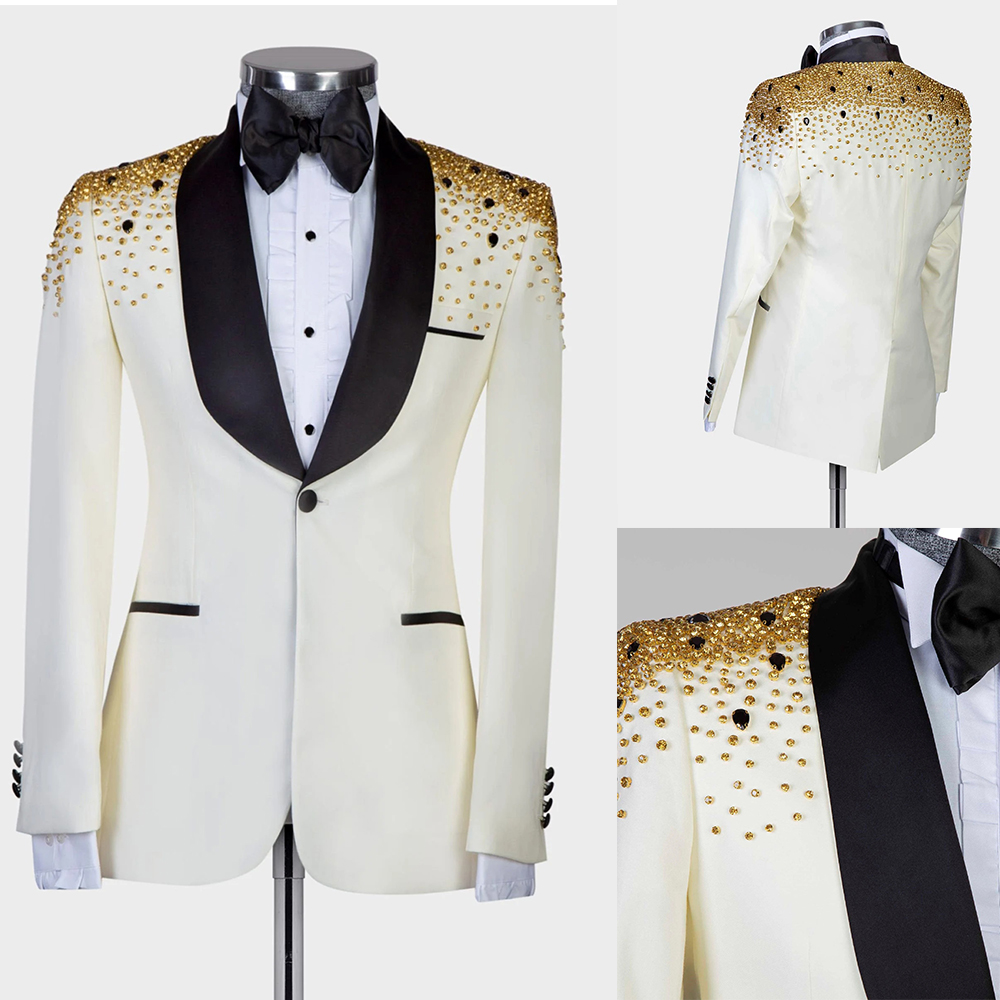 남성용 럭셔리 크리스탈 비즈 수트 남성용 베딩 숄 라펠 - Men Formal Wear Modern 리뷰 및 가격